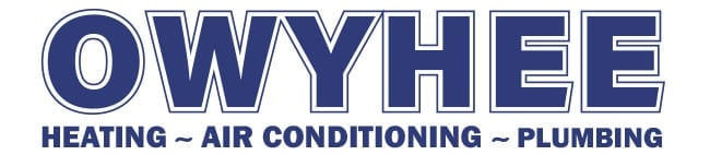 Owyhee Heating, Air Conditioning, and Plumbing company logo in blue text with white outline.