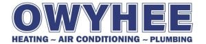 Owyhee Heating, Air Conditioning, and Plumbing company logo in blue text with white outline.