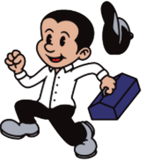 Cheerful cartoon man in white shirt and black pants holding a blue briefcase and tossing a black shoe in the air.
